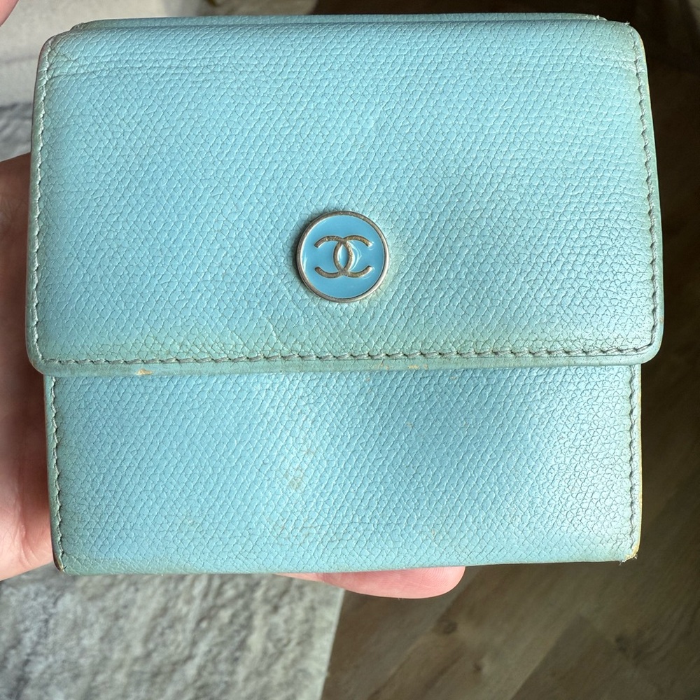 Vintage Chanel Button Blue Bifold Compact Wallet